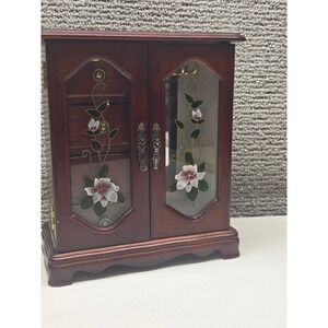 Vtg Wooden Jewelry Armoire Floral Glass Doors Mahogany Finish 4 Drawers Mirror
